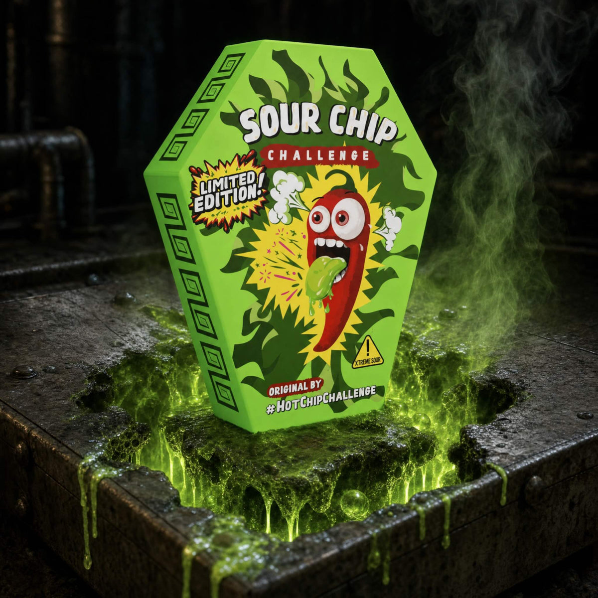 Zelena kutija za izazov kiselih čipsa s velikim logotipom i crtanom glavom