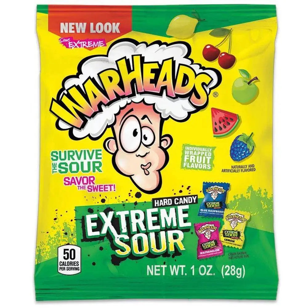 Warheads Extreme Sour tvrdi bomboni u žuto-zelenoj vrećici, 28 g