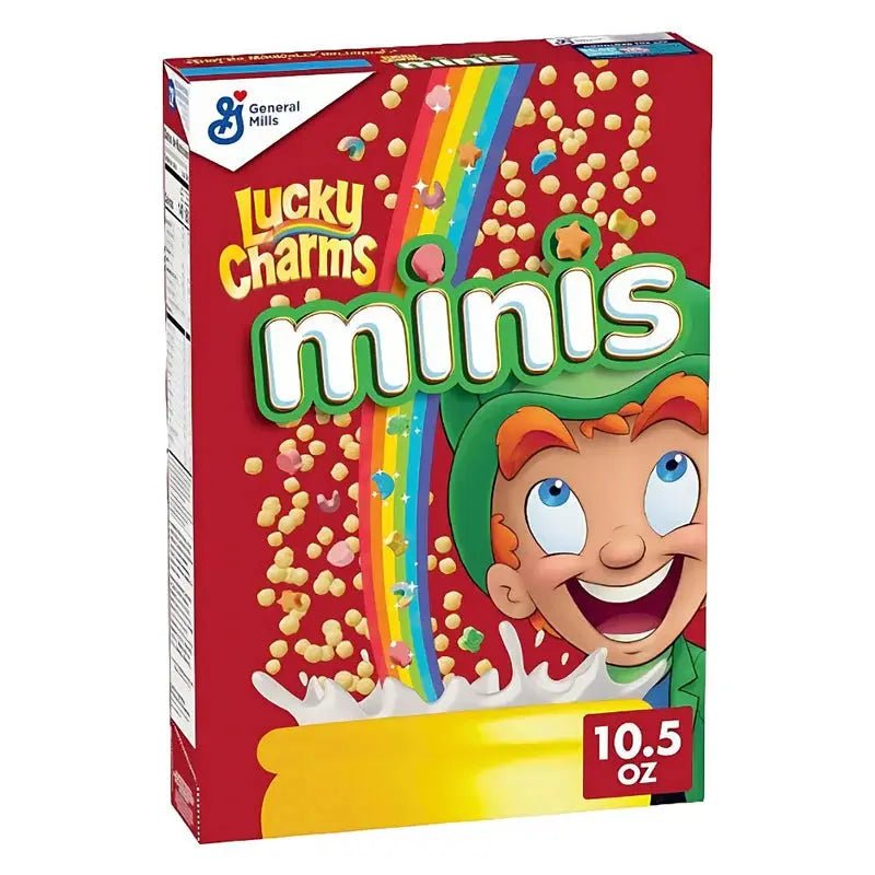 Kutija Lucky Charms Minis (297 g) s crvenim dizajnom, šarenim duginim lukom i likom.